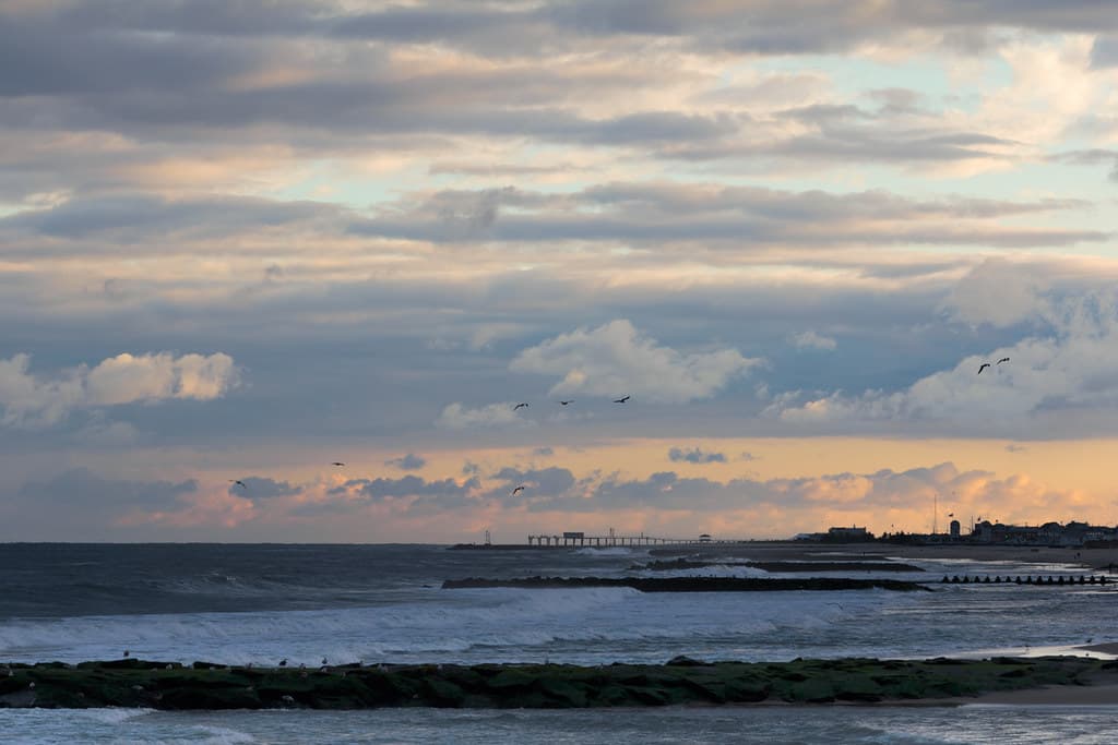 Bradley Beach, its groins, and migratory birds at sunset, New Jersey