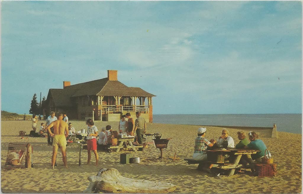CEN Ludington Epworth MI 1950s BEACH BABES and Family FUN at the Pavilion at the Beautiful Ludington State Park North of Town on Lake Michigan & on Hamlin Lake & Lincoln River