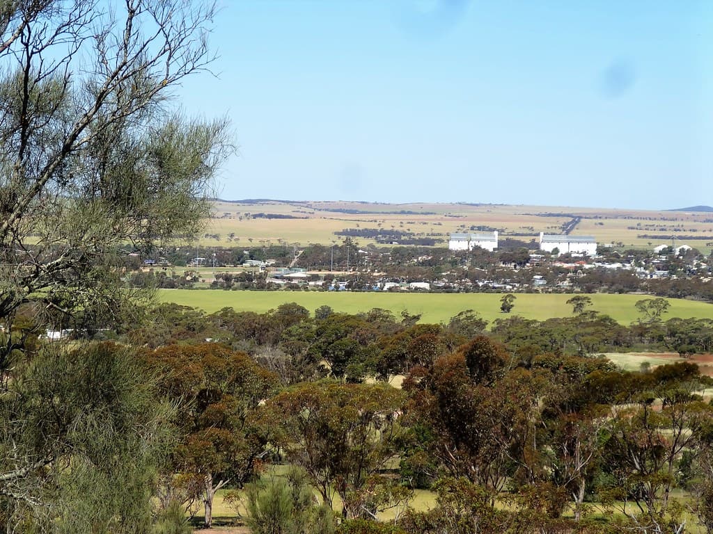 Kimba on Eyre Peninsula from the lookout where the sculptures of Edward John Eyre and Wylie are sited.