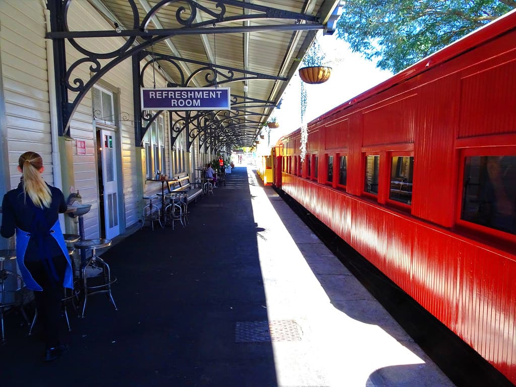 Gympie. The old railway station  with the Mary Valley Rattler heritage train. The original railway station was  built in 1880 and then it was replaced with this grand wooden railway station in 1912.