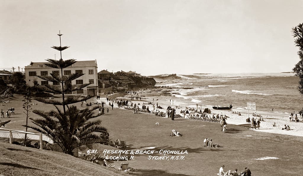 Circa 1928 - No. 631 - "RESERVE & BEACH - CRONULLA, LOOKING N., SYDNEY, N.S.W.", Australia (restored sepia version)