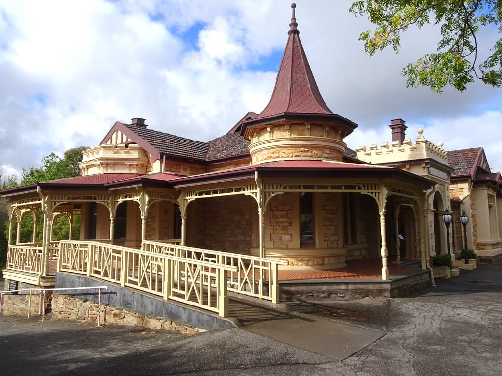 Wayville Adelaide. Mawson House built in 1909 in Queen Anne style but with crenulations above the bay windows and more above main entrance porch.