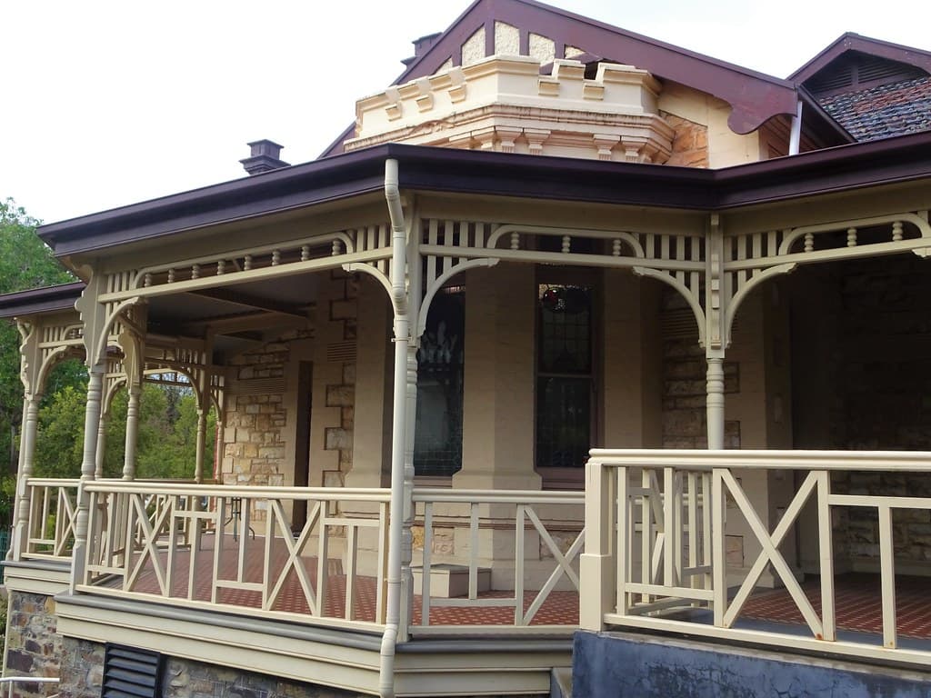 Wayville Adelaide. Mawson House built in 1911 in Queen Anne style but with crenulations above the bay windows and main entrance porch.