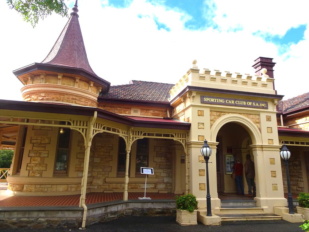 Wayville Adelaide. Mawson House built in 1909 in Queen Anne style but with crenulations above the bay windows and more above main entrance porch. Now headquarters of the Sporting Car Club of South Australia.