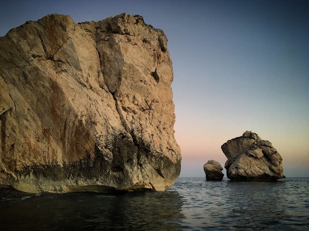 Petra tou Romiou or Aphrodite's Rock in the Mediterranean Sea near Koúklia, Paphos, Cyprus, November 2018
