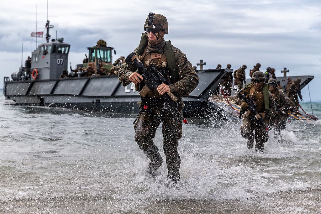 U.S. Marines conduct a simulated amphibious assault of exercise during Talisman Sabre 19