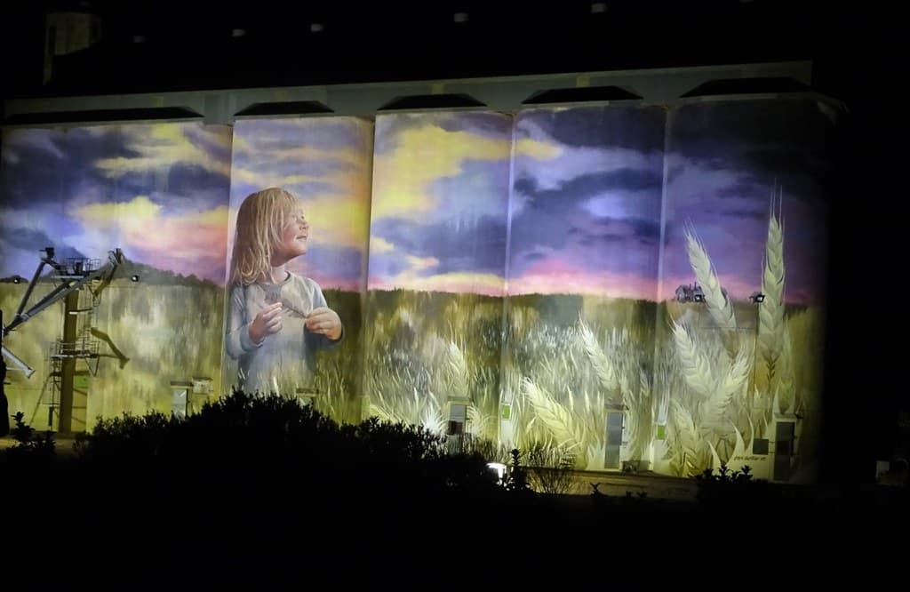 Kimba. Eyre Peninsula. The night time illuminated silo art on some of the town's wheat silos.