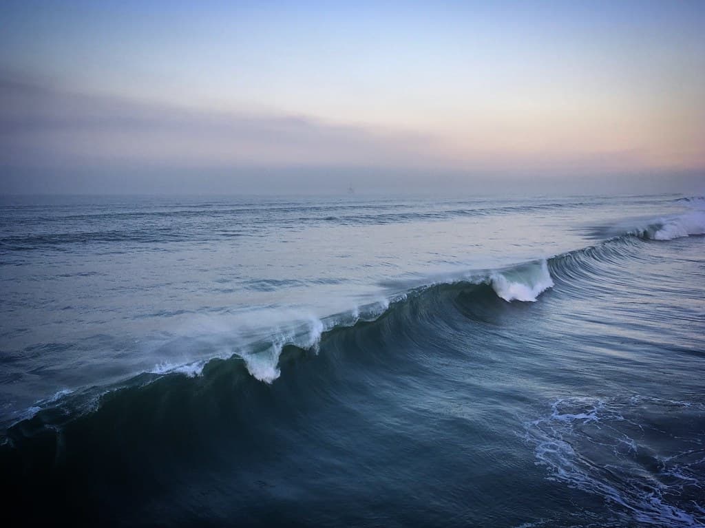 Waves of the Pacific Ocean in Huntington Beach, California, USA, January 2019