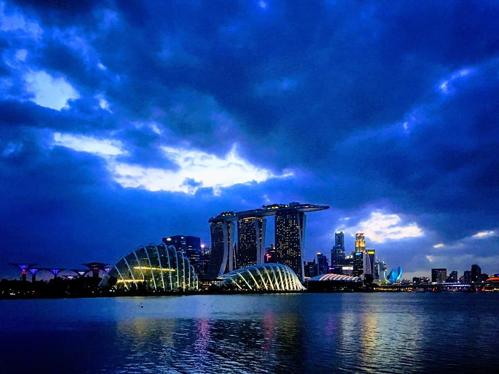 View of the Singapore city skyline with Marina Bay Sands, Flower Dome and Cloud Forest, Singapore, February 2019