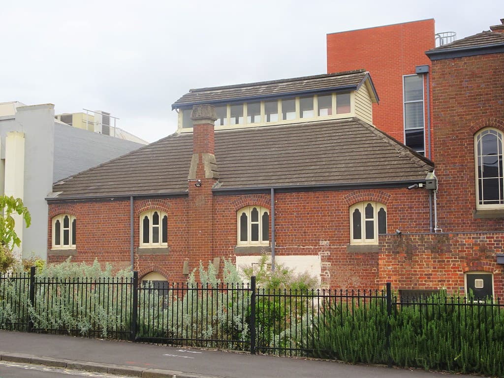 Geelong. A side street view of a technology classroom with a large clerestory window in the Gordon Technical College which was built in 1887. In Little Malop Street.