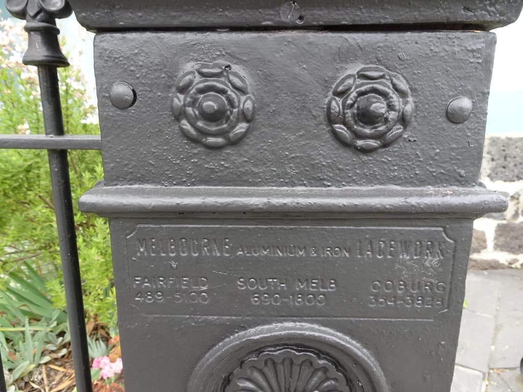 Geelong. Cast iron fence and gate posts to the former Free Presbyterian Church at 2 Myers Street. Details of Melbourne foundries.
