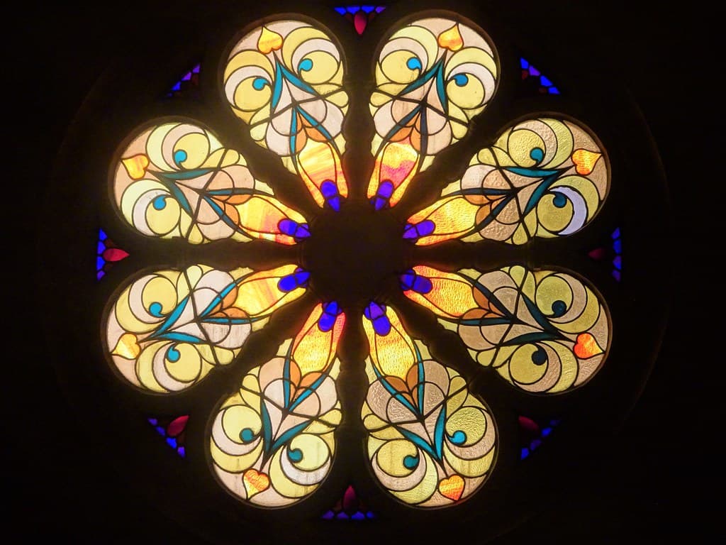 Adelaide. Urrbrae. The interior of St Pauls Catholic Church and monastery. Built in 1927. On the balcony level is this stained glass   rose window.