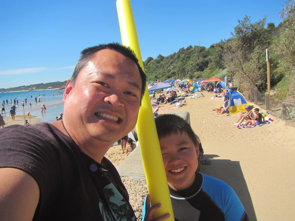 Isaac and Alpha ready for a swim at Half Moon Bay