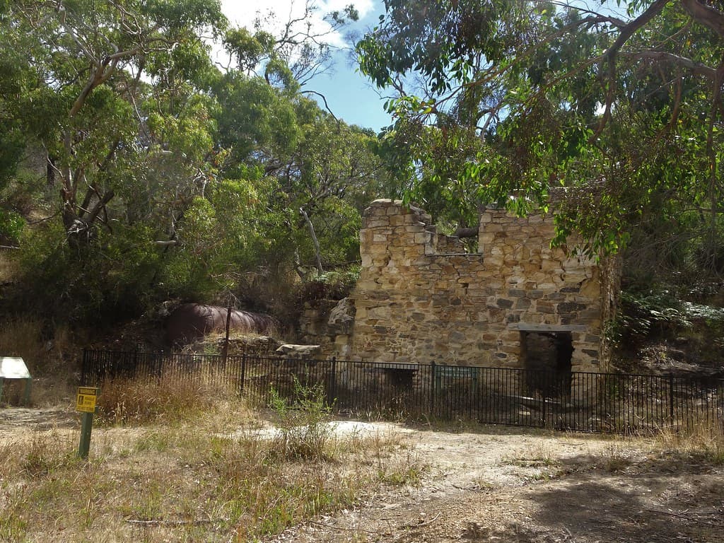Cape Jervis. Fleurieu Peninsula. Stone ruins of the crusher house. The silver lead mine at Talisker operated from 1862 to 1872.
