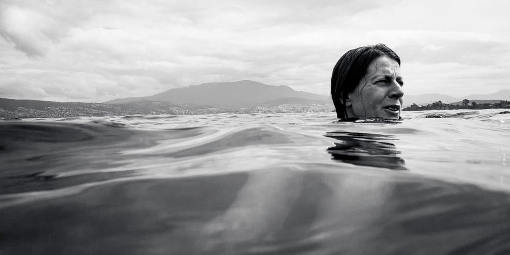 Jen in the water (B+W), Little Howrah Beach, Tasmania