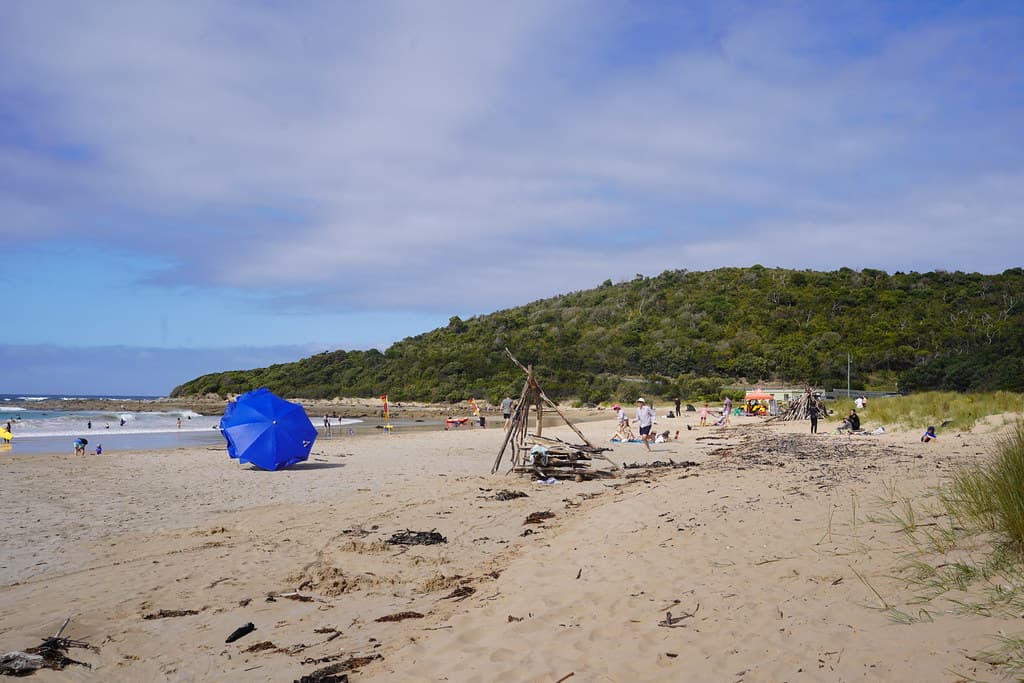 Blue beach umbrella flying away, driftwood stick teepee - Kennett River Beach