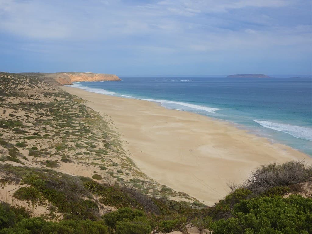 Yorke Peninsula. Innes Dhilba Guuranda National Park.  The sandy beach at West Cape. Panormaic views from here of Pondalowie Bay, Middle Island, Althorpe Island, Kangaroo Island and only 110 kms from Port Lincoln. . . .