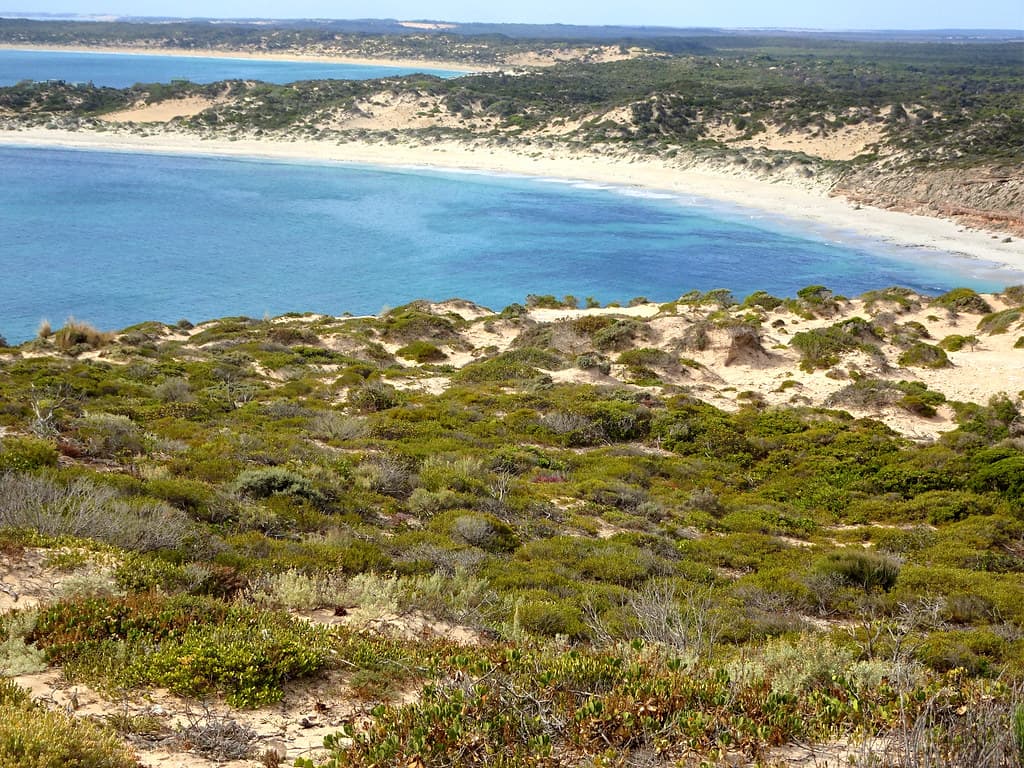 Yorke Peninsula. Innes Dhilba Guuranda National Park. At West Cape there are panormaic views of Pondalowie Bay the second bay  to the north.  Other views look towars Kangaroo Island, Althorpe Island, Middle Island etc.