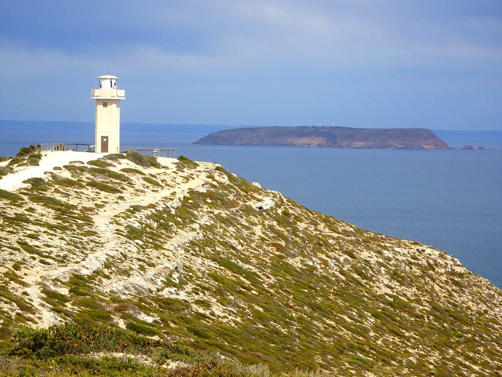 Yorke Peninsula. Innes Dhilba Guuranda National Park.  Near Stenhouse Bay. Looking towards the modern 1975 Cape Spencer lighthouse and Althorpe Island lighthouse built 1879 and the three lightkeepers cottages..