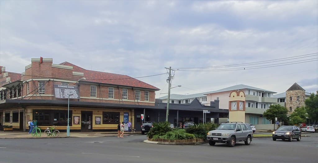 Byron Bay. Established 1888. The Great Northern Hotel and the town's clock tower.