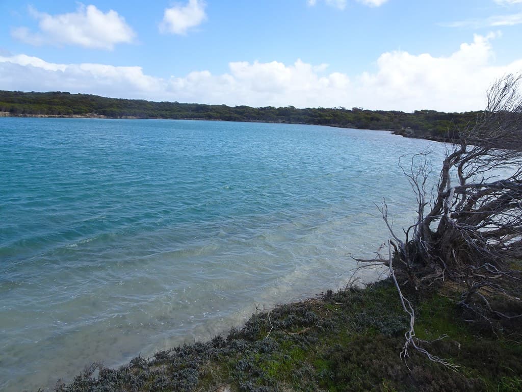 Innes National Park on Yorke Peninsula. Lake Inneston.  Gypsum was mined from its shores. Copper oxides in the soils colour the water.