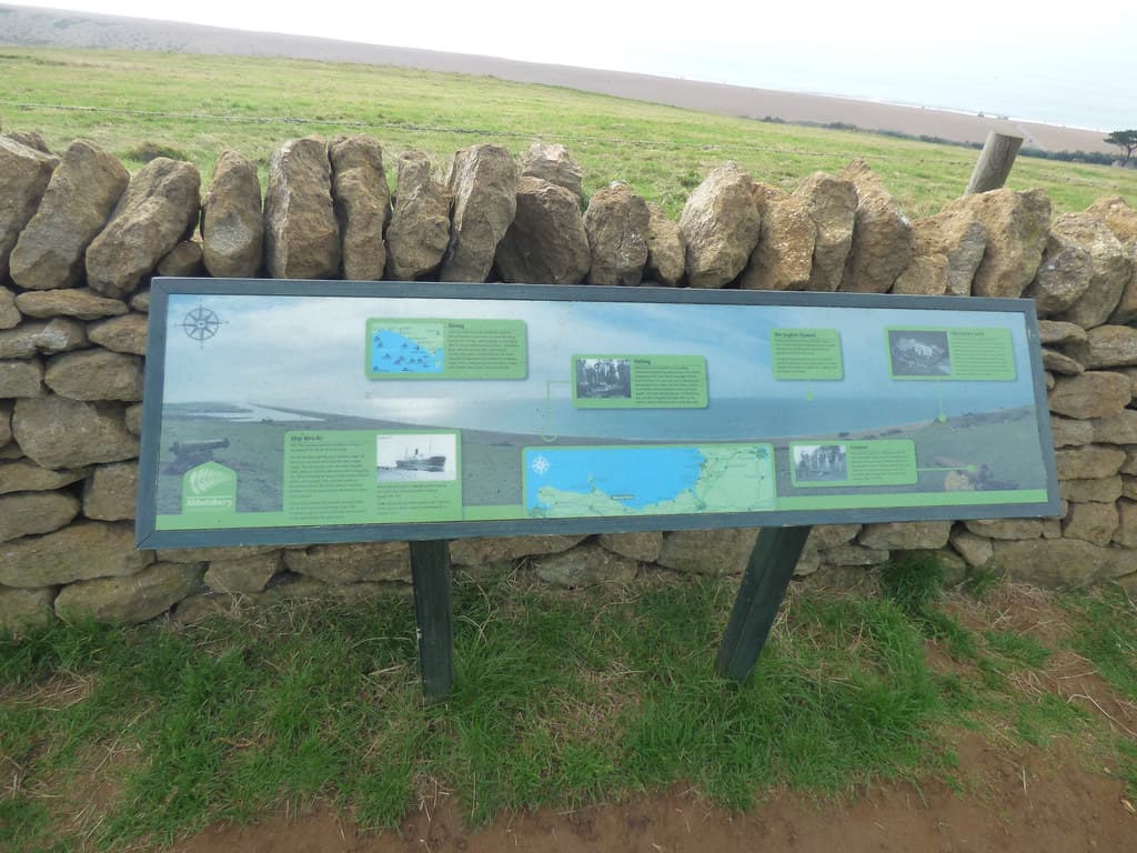 The Jurassic Coast Viewpoint from Abbotsbury Subtropical Gardens - sign - Shipwrecks to Cannons