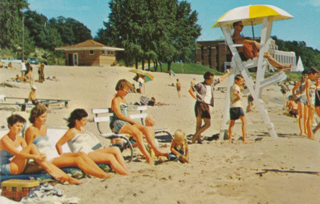 CEN Muskegon MI 1960s Lucky Lifeguards Checking Out the Chicks LOTS OF BEACH BABES and Family FUN to be had at the Pere Marquette Park Beach on Lake Michigan in Muskegon County1