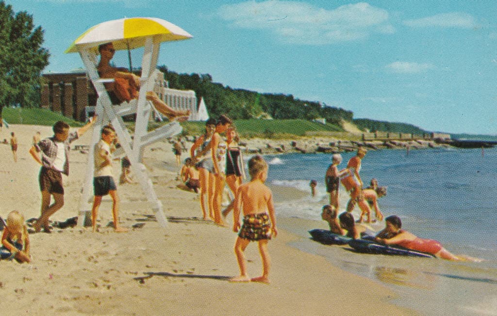 CEN Muskegon MI 1960s Lucky Lifeguards Checking Out the Chicks LOTS OF BEACH BABES and Family FUN to be had at the Pere Marquette Park Beach on Lake Michigan in Muskegon County2