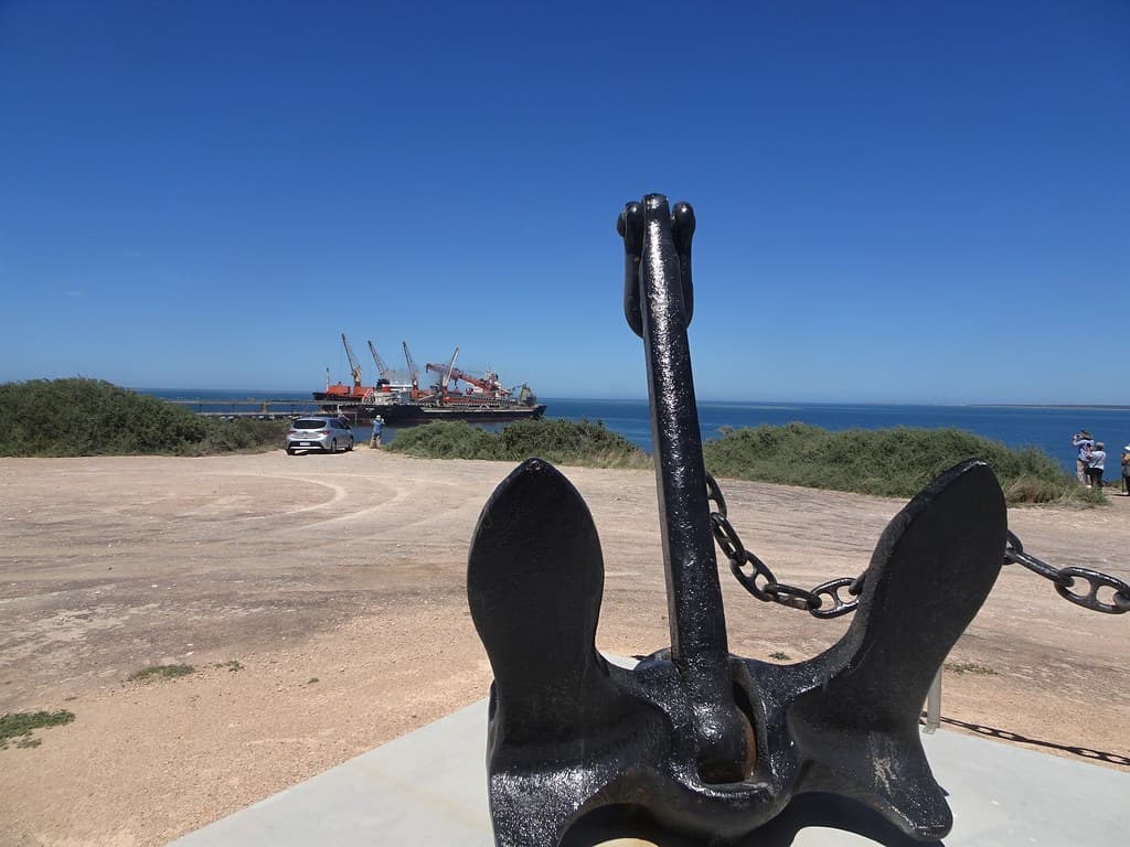 Thevenard. Eyre Peninsula. The second busiest port in South Austalia after Port Adelaide. Old anchor and two ships in port.  .