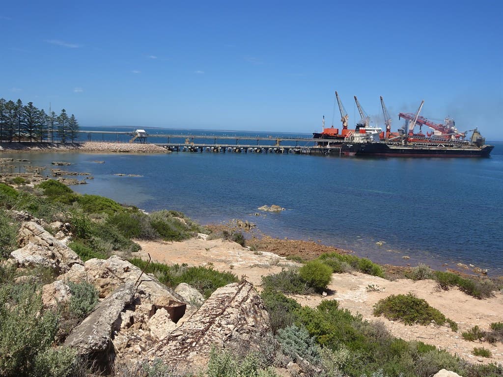 Thevenard. Eyre Peninsula. The second busiest port in South Austalia after Port Adelaide.  Two ships in port. Port exports wheat, gypsum, salt, mineral sands.   .