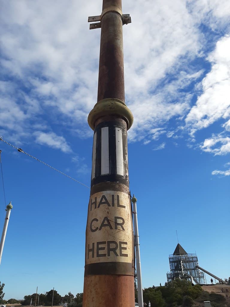 St Kilda. Old 1940s tram stop sign on one of the old tram posts. At the Adventure Playground and the St Kilda Tram Museum tram ride terminus.