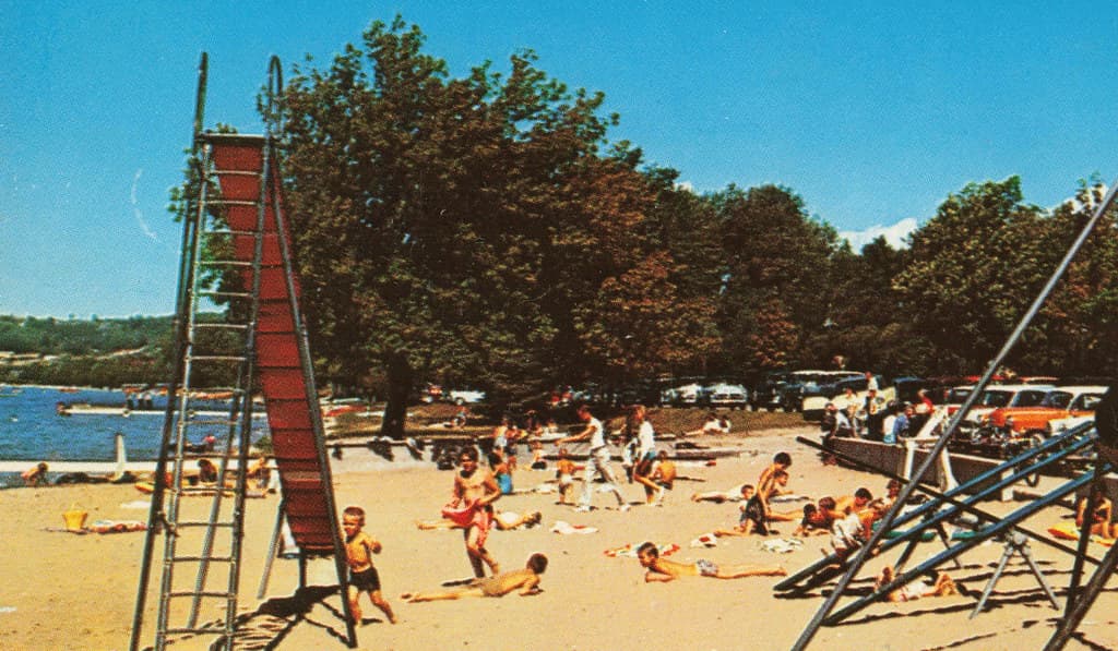 NW Beulah Benzie MI 1950s REMEMBER THOSE HOT METAL SLIDES BEACH BABES & Family Fun in the Village of  Beulah Vacation Tourists & Familys Playground on Beautiful Crystal Lake Photo by LL Cook2