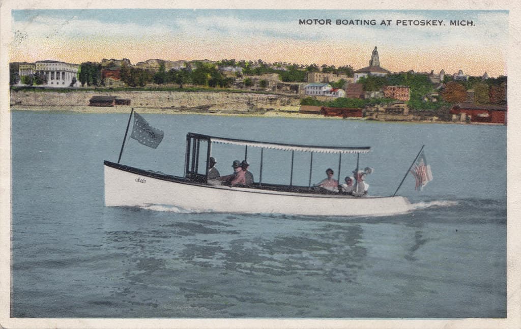 NW Petoskey MI 1908 MOTOR LAUNCH pleasure boat LOLA off shore on Little Traverse Bay. The H. O. Rose Lime Works on the beach below the and the Arlington Hotel are featured with the City on the right