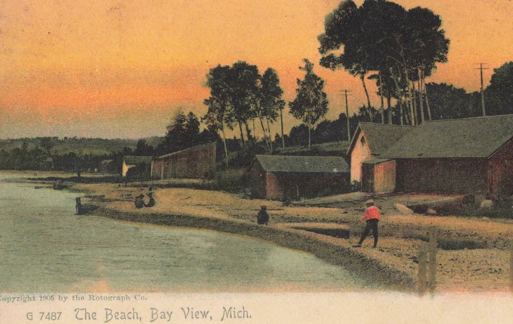NW Bay View Petoskey MI c.1905 BAY VIEW BEACH & BOAT HOUSES at Methodist Church founded 1875 as a Chautauqua Times Exclusive Restricted Summer Colony Established USPS Post Office 19121