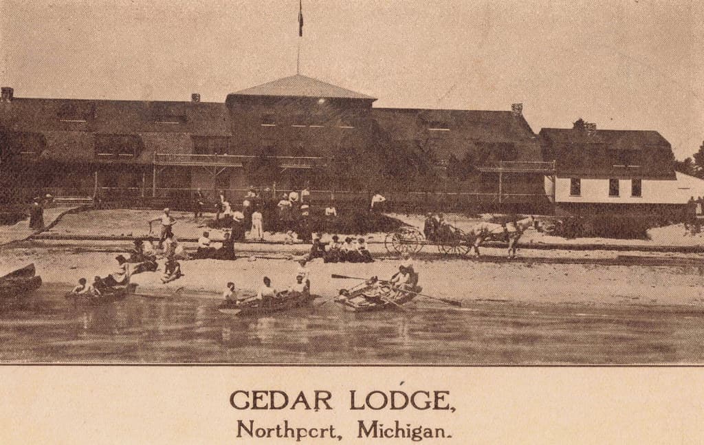 NW Northport Leelanau MI Exclusive CEDAR LODGE RESORT c.1905 Waterfront Beach at THE CEDAR LODGE the WONDERFUL Resort and Chautauqua Era in Northport Point West Grand Traverse Bay PHOTOGRAPHER UNK2