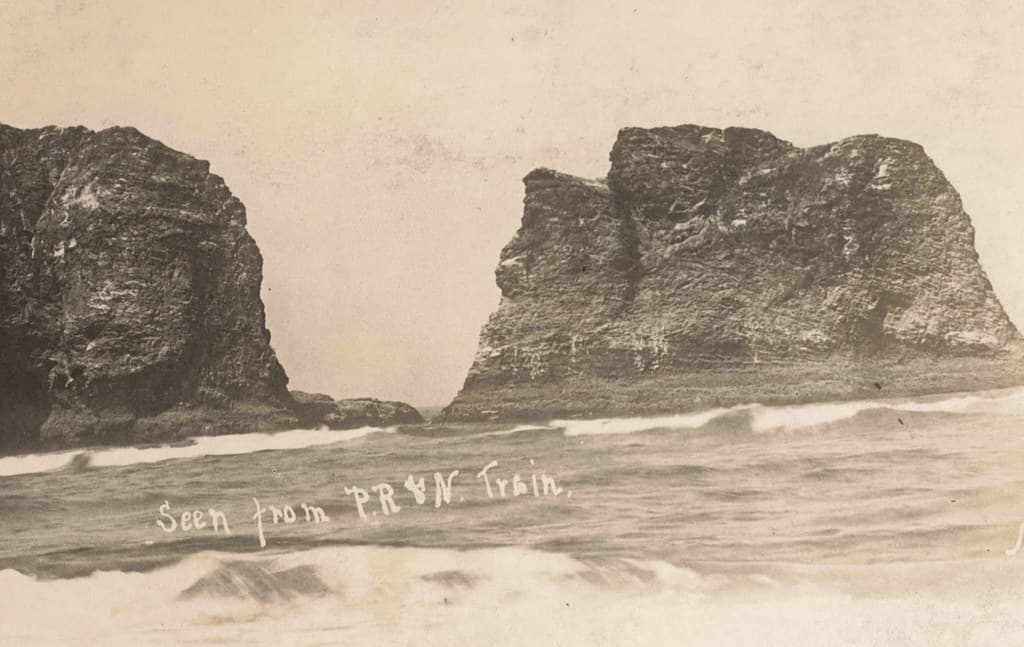 RPPC 1918 Oregon View from the P. R. & N. Railroad Pacific Railway & Navigation Co. at Rockaway Beach Twin Rocks OR in Tillamook County showing one of the Oregon Coast's most recognizable rock formations-
