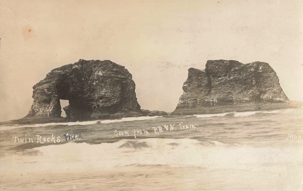 RPPC 1918 Oregon View from the P. R. & N. Railroad Pacific Railway & Navigation Co. at Rockaway Beach Twin Rocks OR in Tillamook County showing one of the Oregon Coast's most recognizable rock formations