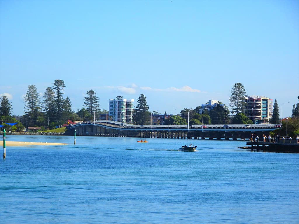Forster Tuncurry. The bridge across the Coolongolook River seen from Lake Wallis. It was built in 1959.