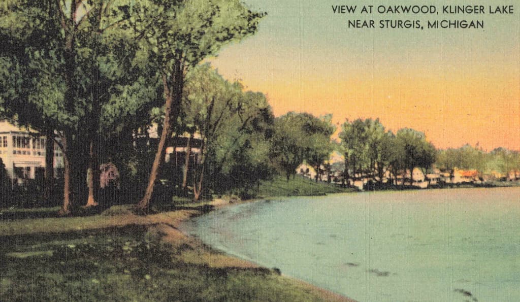 SW Sturgis MI RESORT ERA Shoreline View THE OAKWOOD on Klinger Lake with Henham Beach beyond Resorts & Cottages when Vacationers arrived in SW Michigan on Steamer Ferrys & via the RAILROAD2