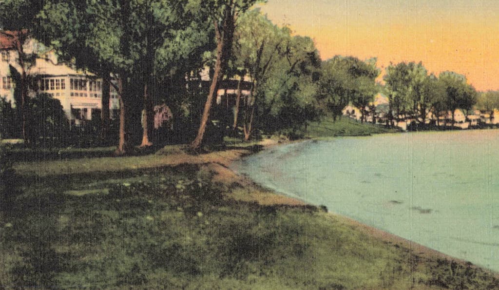 SW Sturgis MI RESORT ERA Shoreline View THE OAKWOOD on Klinger Lake with Henham Beach beyond Resorts & Cottages when Vacationers arrived in SW Michigan on Steamer Ferrys & via the RAILROAD-