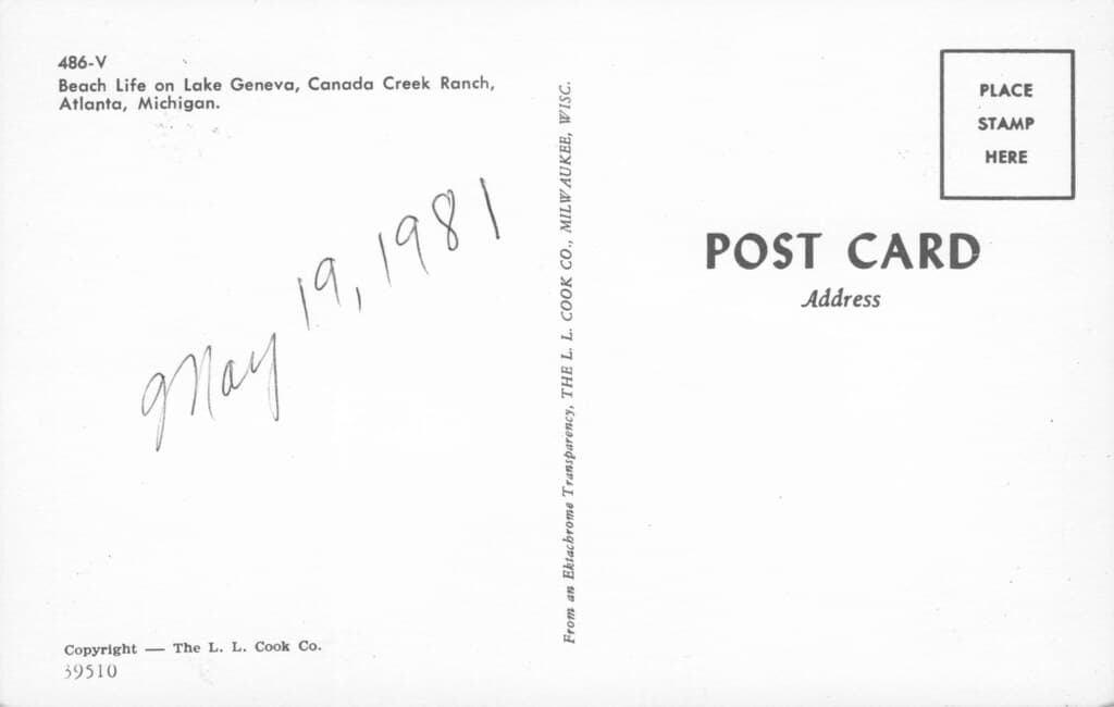 NE Atlanta Onaway MI 1950s Aerial View of the Beach @ CANADA CREEK RANCH Resort on Lake Geneva Deer Hunters Trophy Dream Racks on the Annual Buck Pole established 1934 Lake Geneva in Montmorency Co.9