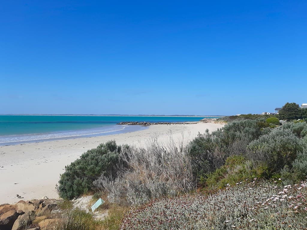 Robe. Historic port on Guichen Bay. The town beach with bright blue water.