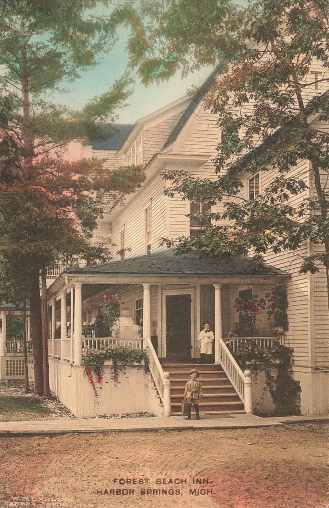 NW Harbor Springs MI RESORT ERA at the FOREST BEACH RESORT COTTAGES & INN  colorful Hand Collectible published by DARLING THE INDIAN CURIO MAN What a great RARE VIEW of this property and those two kids