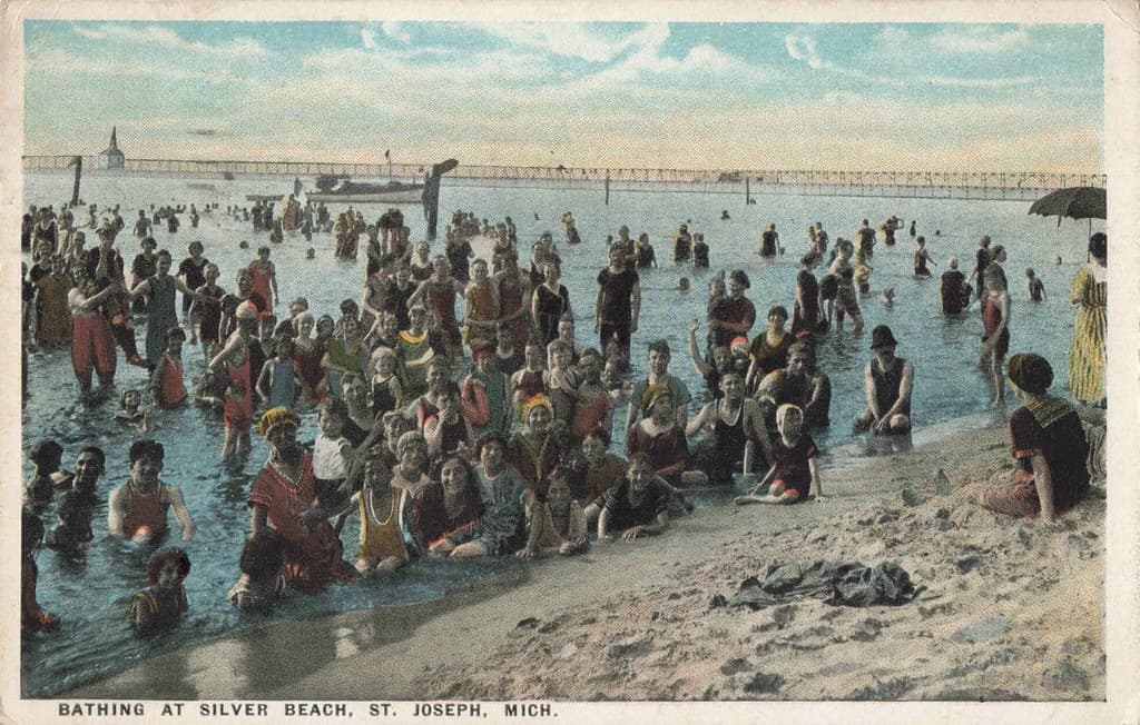 SW St Joseph MI c.1906 BEACH BABES & Family FUN Lighthouse Pier & Silver Beach and Amusement Park 1 Piece FULL BATHING SUITS for Men Women & Children Note the Harbor Inlet in the distance