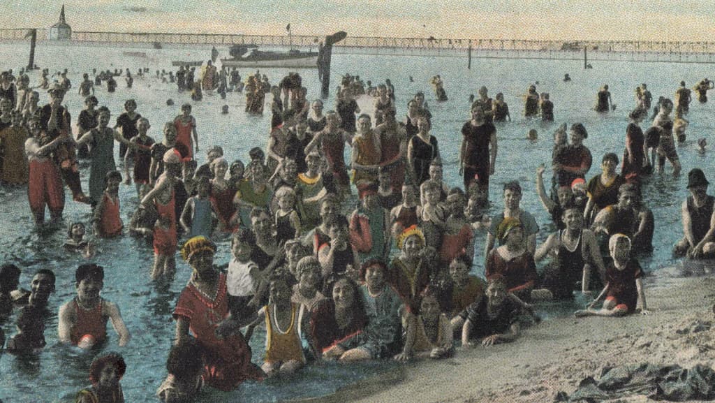 SW St Joseph MI c.1906 BEACH BABES & Family FUN Lighthouse Pier & Silver Beach and Amusement Park 1 Piece FULL BATHING SUITS for Men Women & Children Note the Harbor Inlet in the distance2