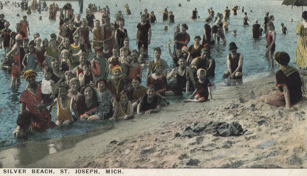 SW St Joseph MI c.1906 BEACH BABES & Family FUN Lighthouse Pier & Silver Beach and Amusement Park 1 Piece FULL BATHING SUITS for Men Women & Children Note the Harbor Inlet in the distance-