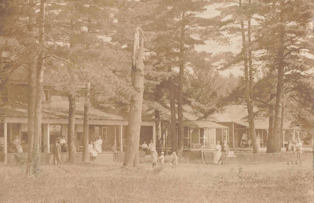 NW Old Mission Traverse MI c.1908 RPPC TENNIS ANYONE THE PINES RESORT BEACH ON THE BAY Photographer HERBERT Photo near Neahtawanta Bowers Harbor RESORTERSSteamer Ferry and the Railroad Era2