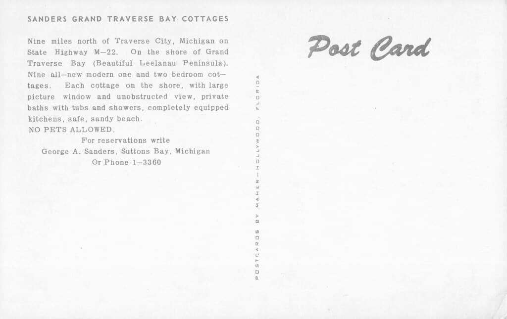 NW Suttons Bay Leelanau MI c.1950 M-22's SANDERS RESORT COTTAGES Warm Water Warm Breezes Sandy Beaches Fun Times in the Family Vacation Era on GT Bay Your Host George Sanders Owner Proprietor8