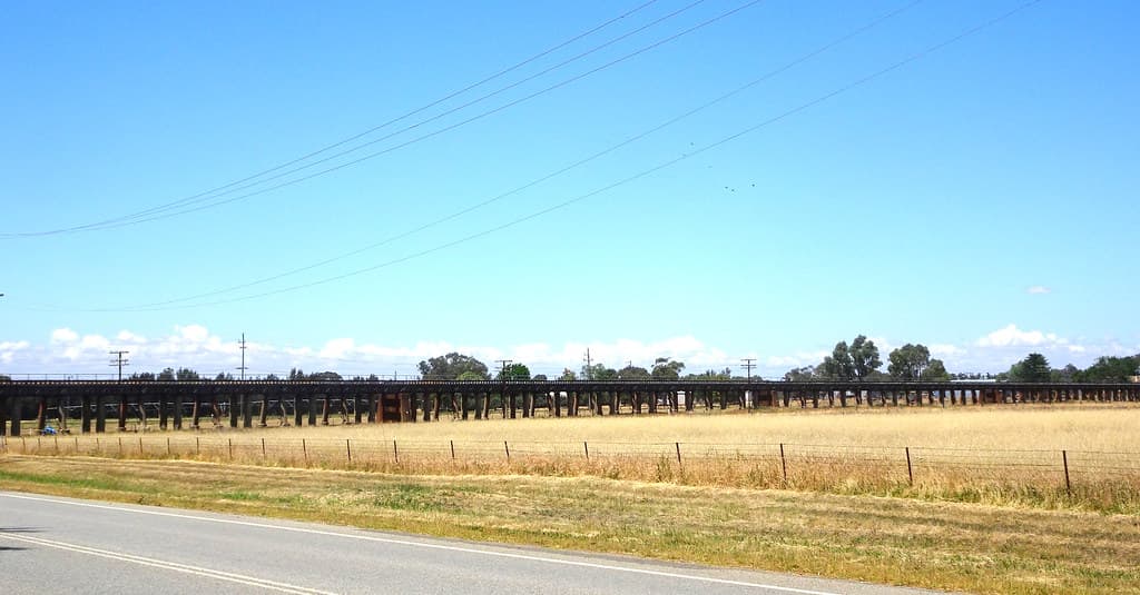 Wagga Wagga. part of the wooden railway viaduct used by the Sydney  to Melbourne railway over the Murrumbidgee River flats in North Wagga.
