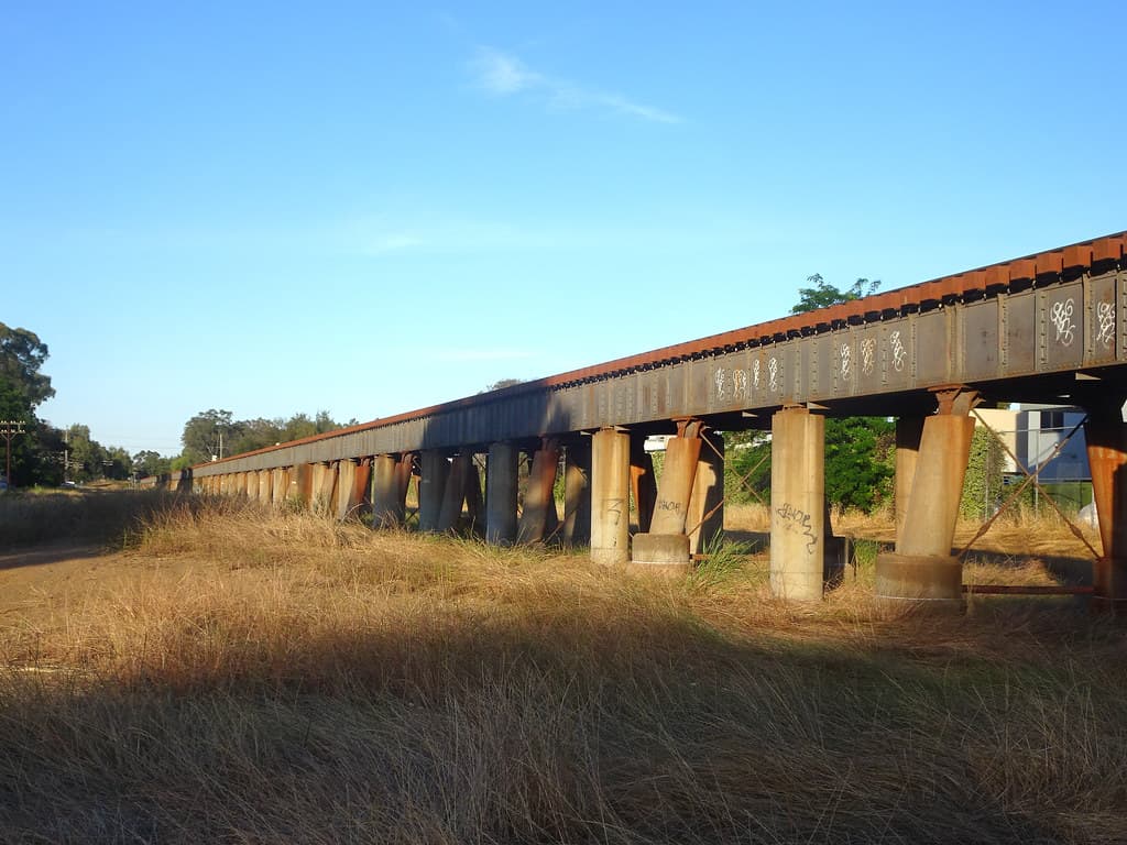 Wagga Wagga. The apparently never ending Murrumbidge River flat railway viaduct which is part of the Sydney to Melbourne railway route.